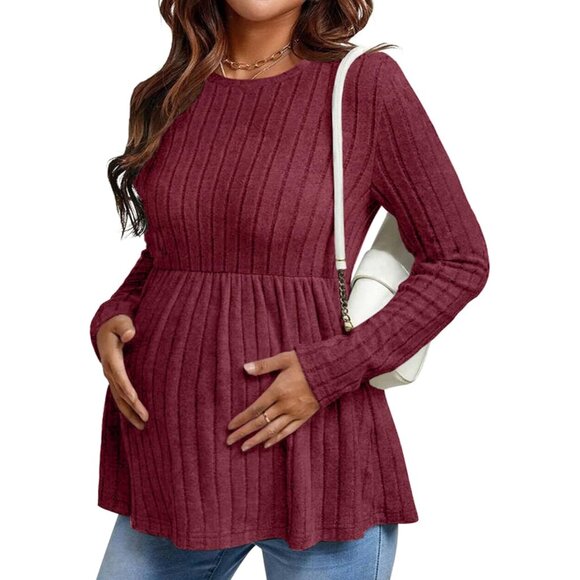 Womens Maternity Long Sleeve Top Ribbed Crew Neck Pregnancy Shirt Plus Size - Picture 1 of 5